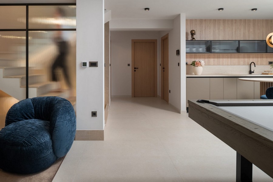 Leisure area with pool table and modern kitchen