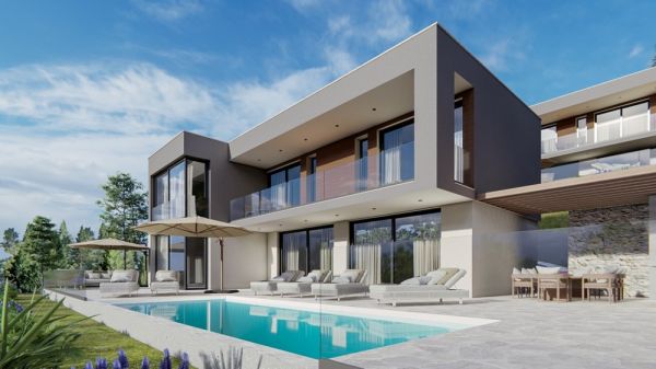 Modern villa with swimming pool and sun loungers in Croatia for sale.