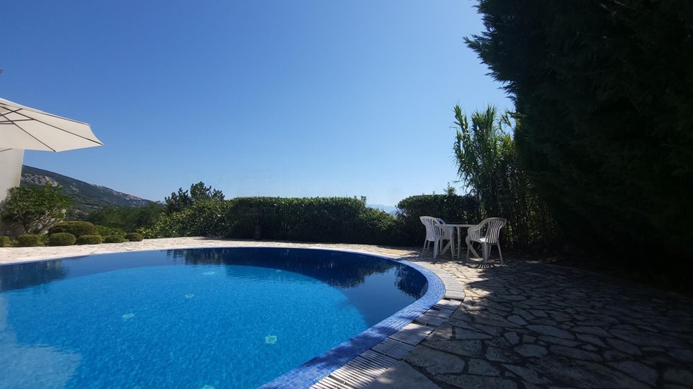 Swimming pool with natural stone terrace and view of the mountains