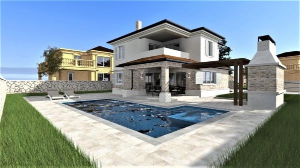 Exterior view of a modern villa in Vrbnik on the island of Krk with pool and garden, real estate Croatia, Vrbnik, island of Krk villa for sale