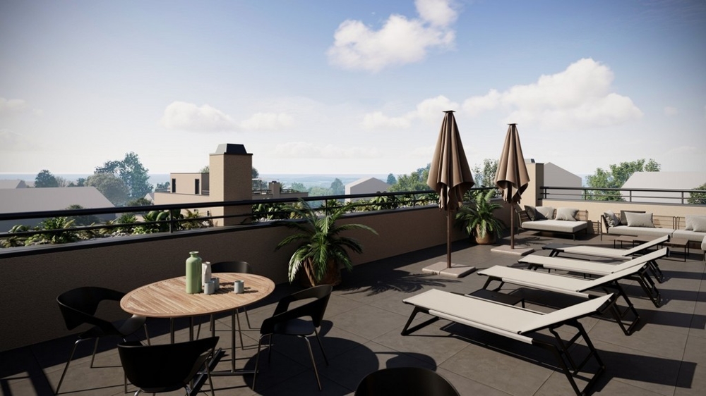 Visualisation of the roof terrace with sun loungers and parasols, villa H3516