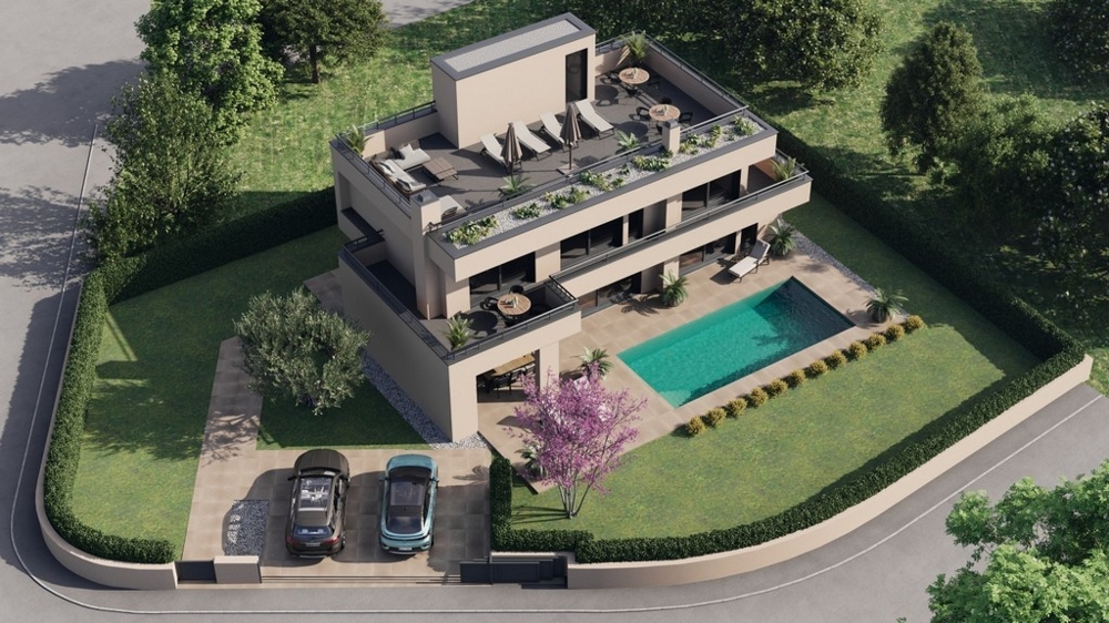 Visualisation: aerial view of the modern villa with pool and garden in Porec, Istria