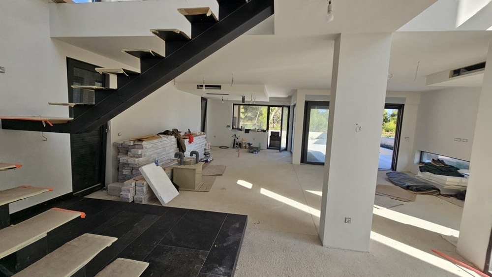 Open living room with designer staircase - new villa H3778 near Zadar.