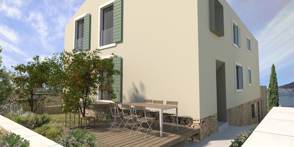 Visualization of exterior view of house directly by the sea