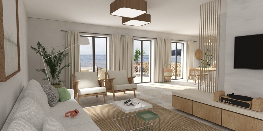 Visualization of living area with sea view