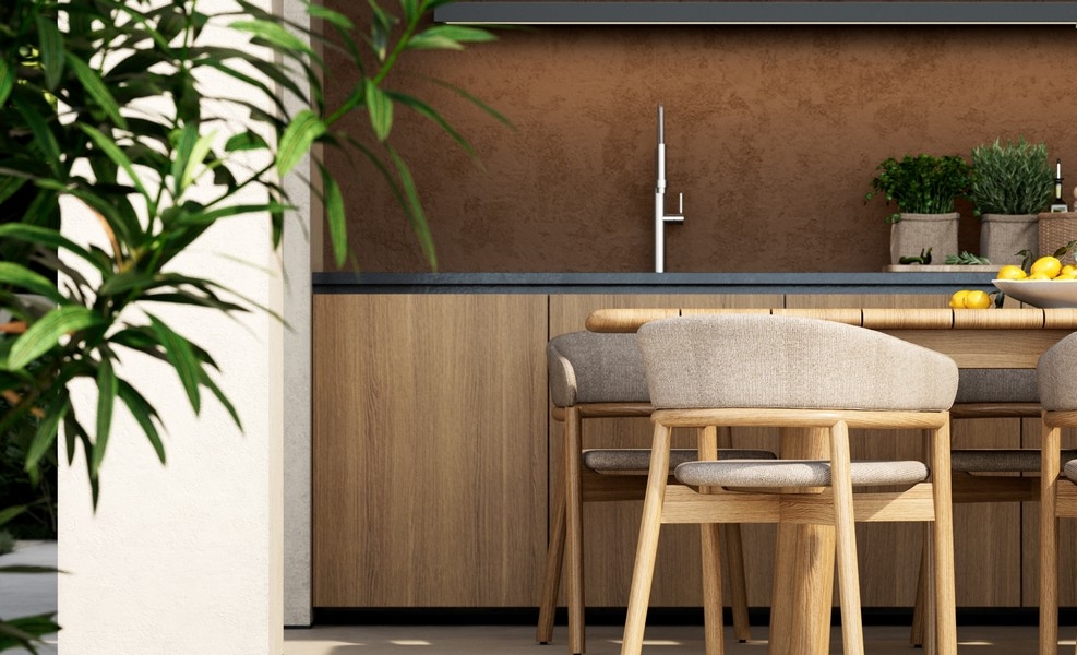 Outdoor kitchen with bar stools