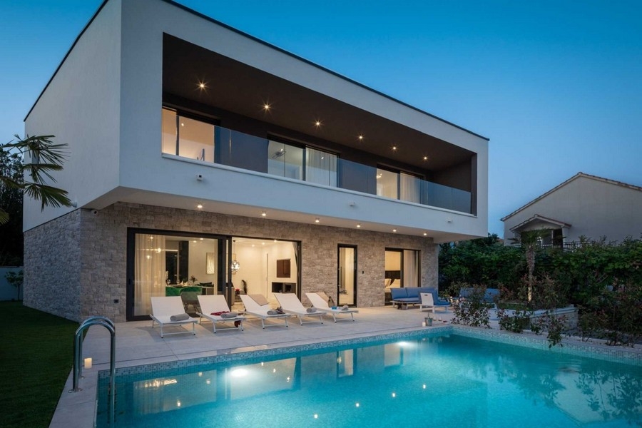 Exterior view of modern property in Rogoznica with pool