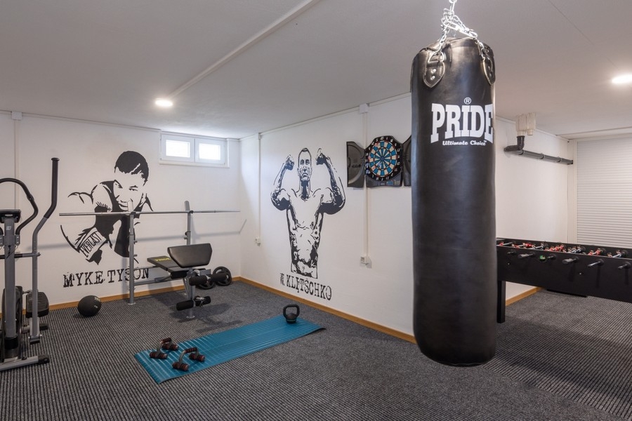 Fitness and hobby room with punching bag and training equipment