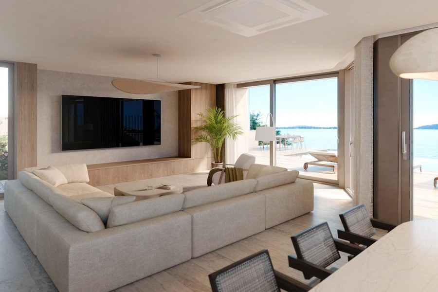Living room with terrace and sea view in modern villa
