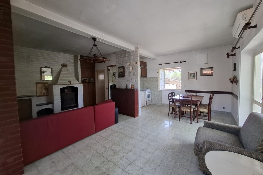 Living area with kitchen and fireplace in the house near Trogir