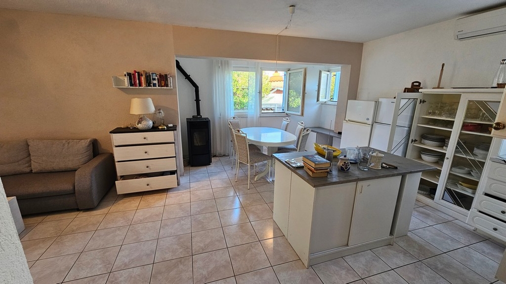 Living area with kitchen and fireplace