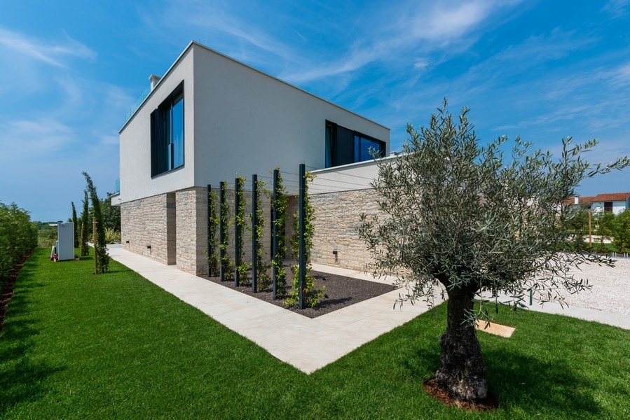 Side view of the villa with garden and olive tree