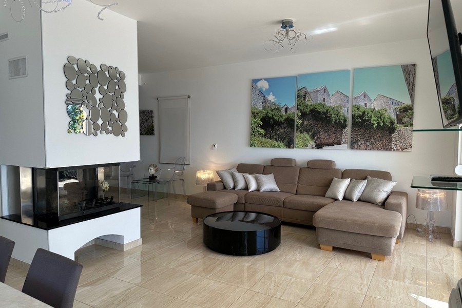 Modern living room with fireplace and seating area