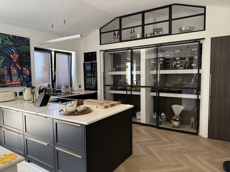 Open kitchen with cooking island and glass front