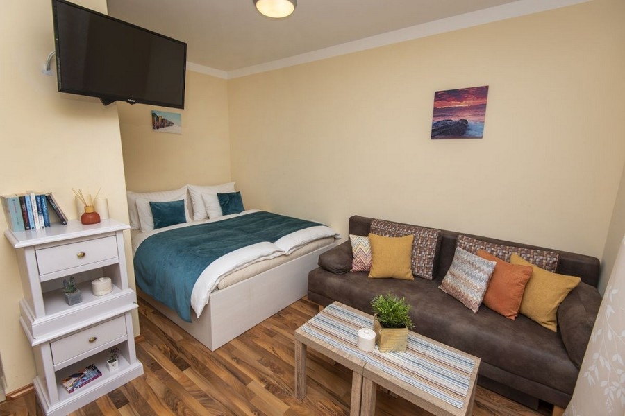 Studio with bed and sofa
