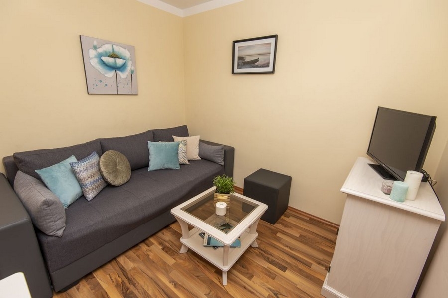 Living area with sofa and television