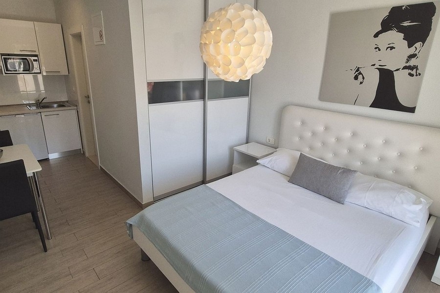 Modern studio with double bed and kitchen area