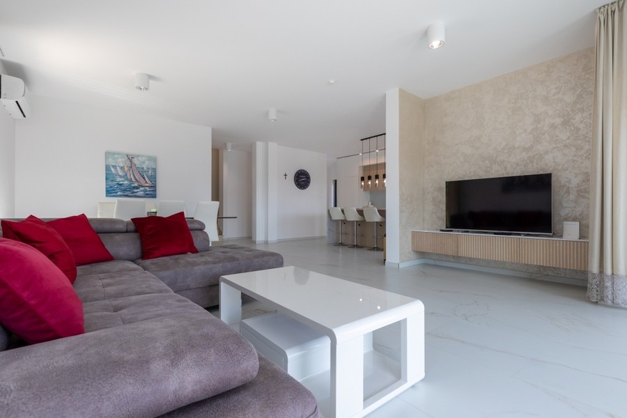 Spacious living room with sofa and TV area