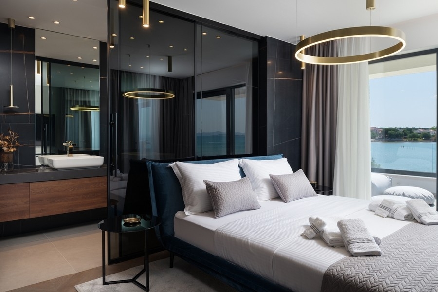 Bedroom with sea view in modern villa in Croatia