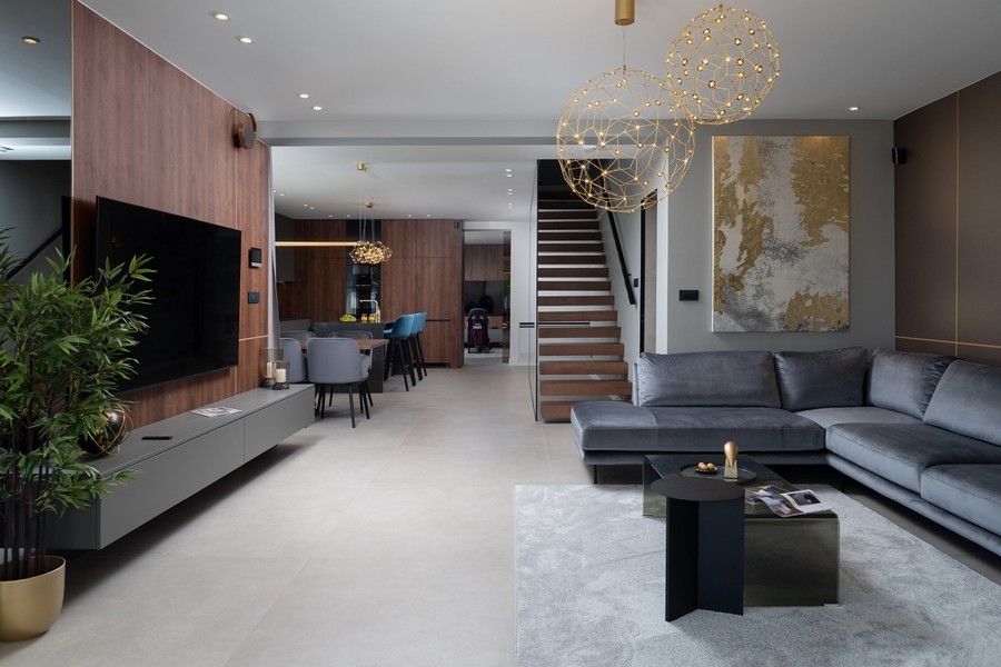 Living room with open-plan interior design in modern villa