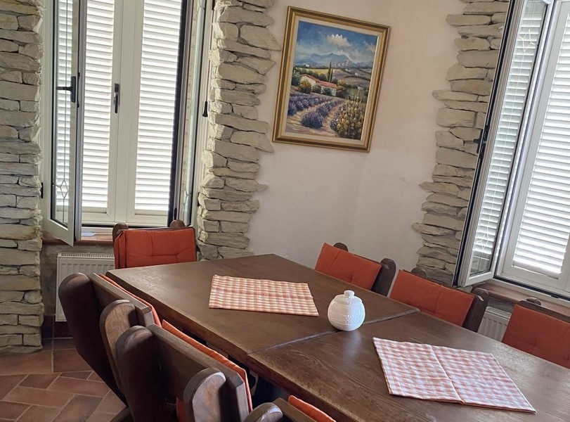 Dining area with table and chairs next to the kitchen