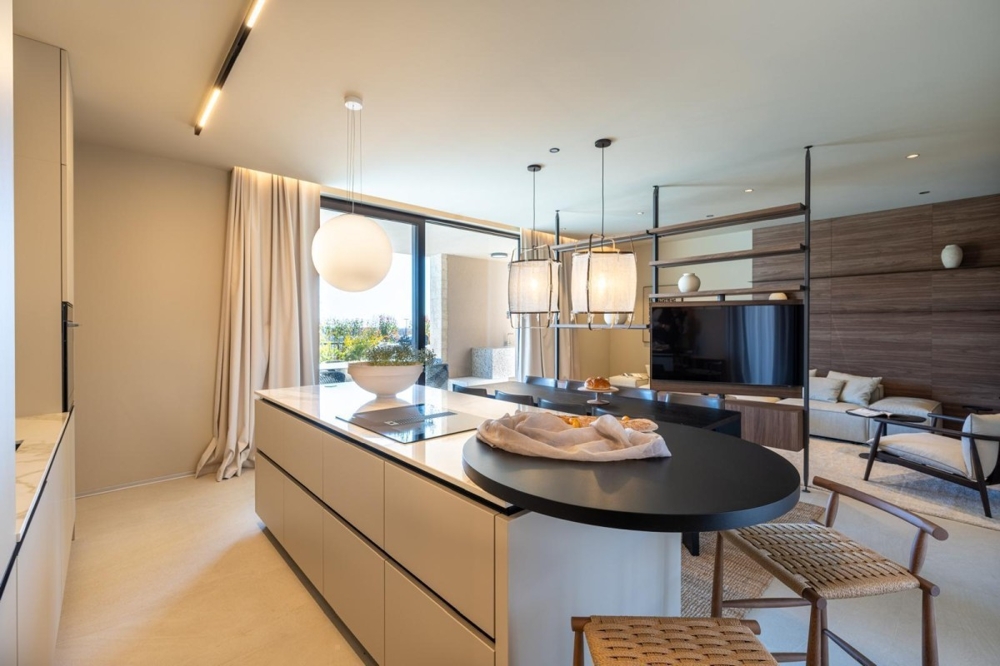 Modern kitchen with cooking island and view of the terrace