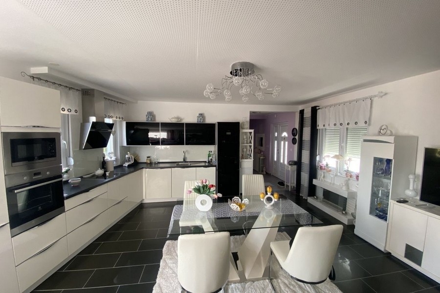 Modern kitchen with living area