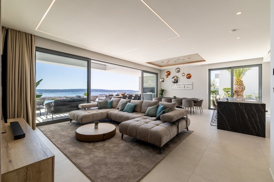 Open living area with sea views and designer kitchen