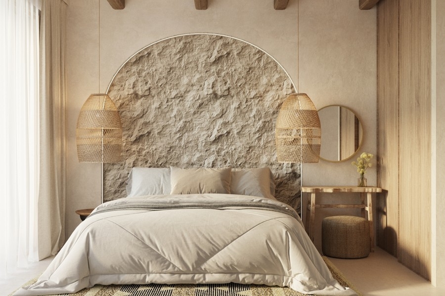 Bedroom with natural stone wall and Mediterranean ambience