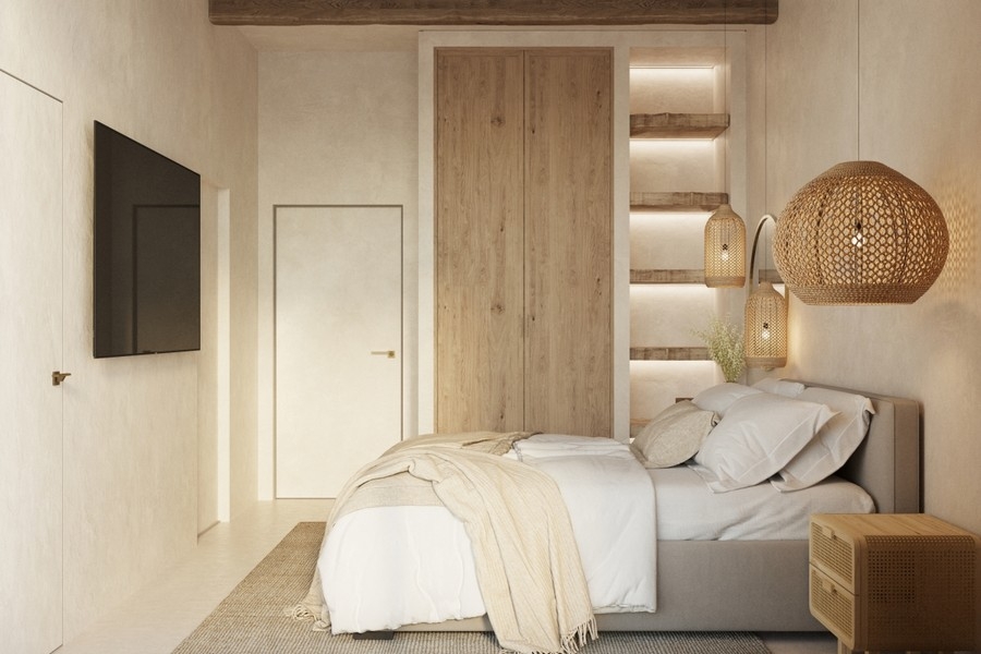 Modern bedroom with wooden details and stylish lighting