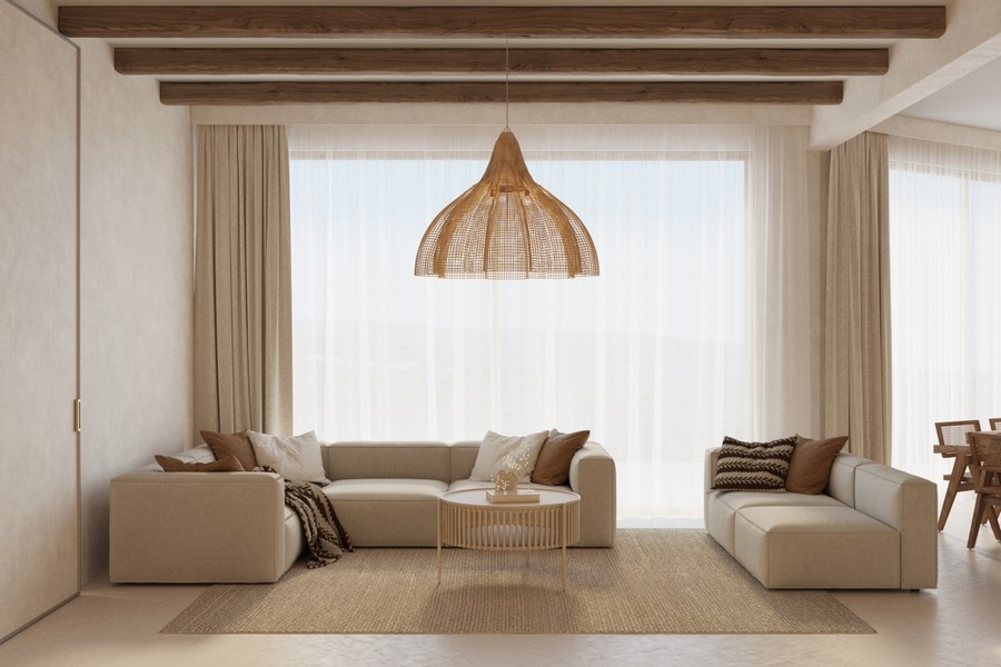 Bright living area with modern furnishings and large window fronts