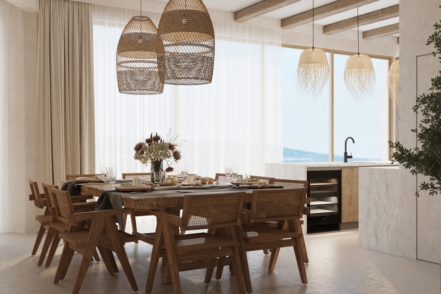 Open living and dining area with sea views and natural materials
