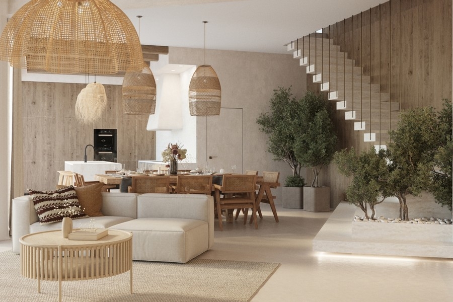 Stylish living area with open gallery and designer lighting