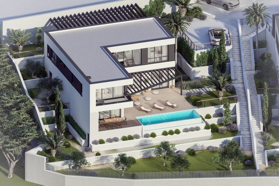 Aerial view of the villa with pool and roof terrace