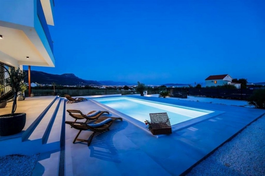 Pool terrace of a villa in Croatia in the evening