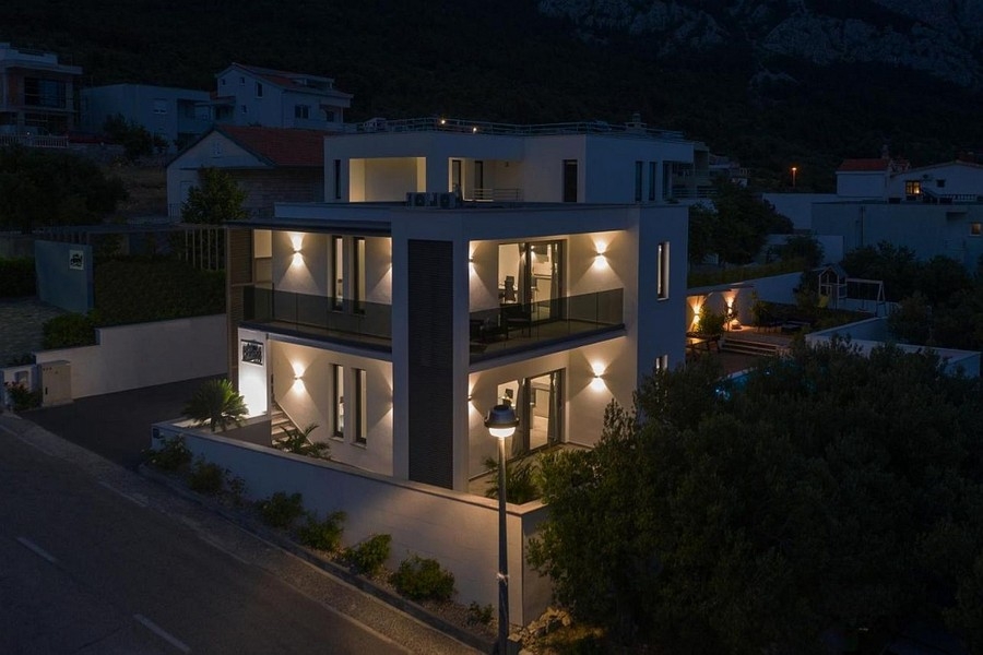 Modern villa with night lighting