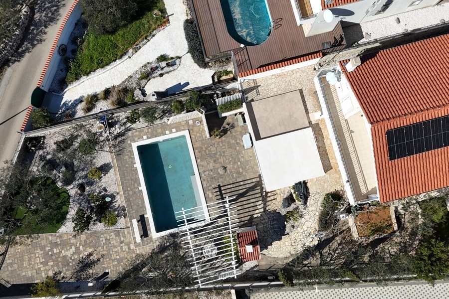 Aerial view with pool terrace and garden
