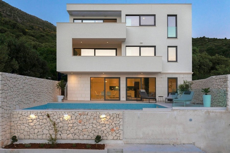 Luxury villa with illuminated pool near Dubrovnik