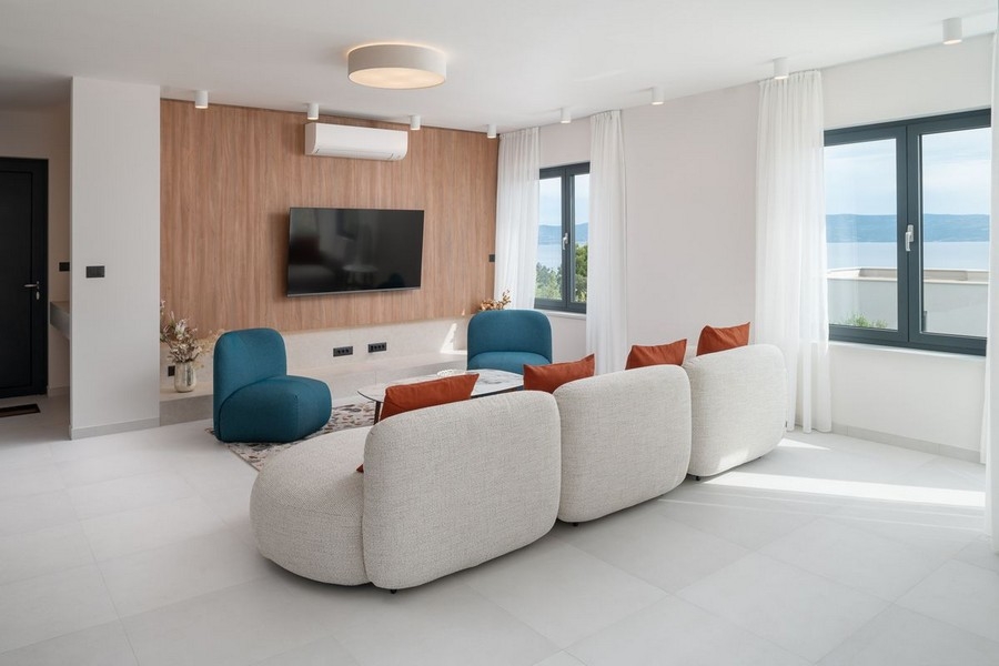 Open kitchen with bar and dining area