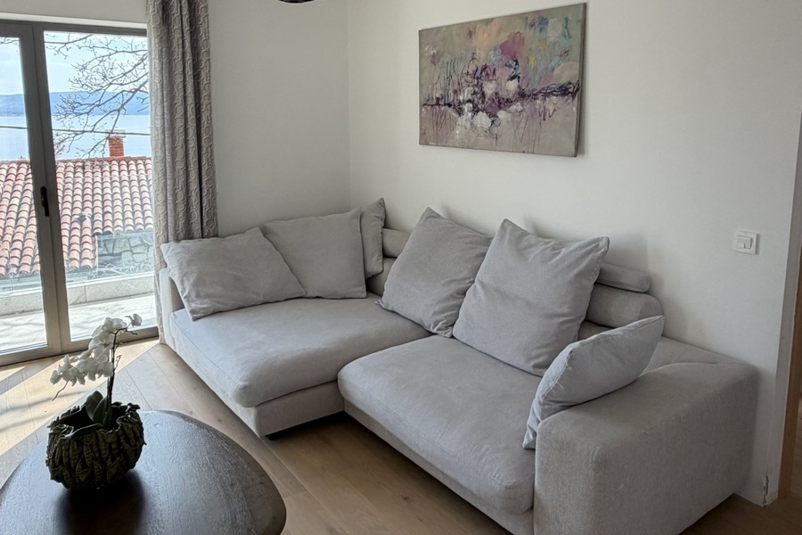 Living area with gray couch