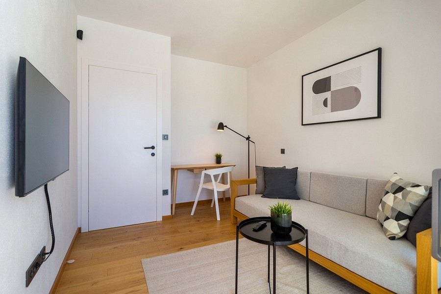 Sitting area with sofa and television