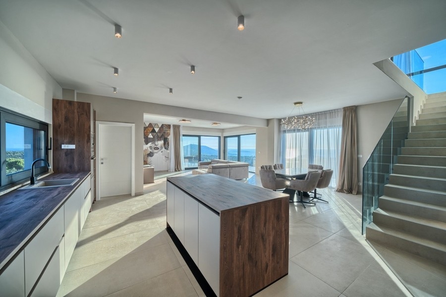 Modern kitchen with cooking island and living area