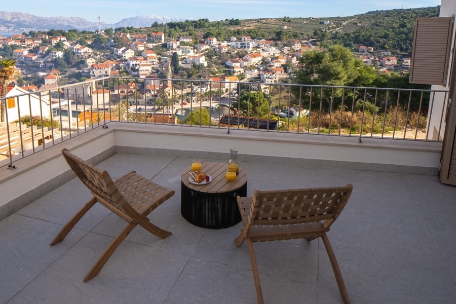 Terrace with seating and views over the town
