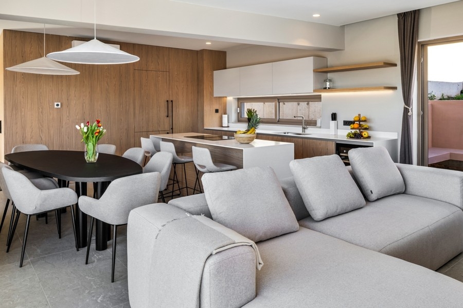 Open kitchen with dining area and living room