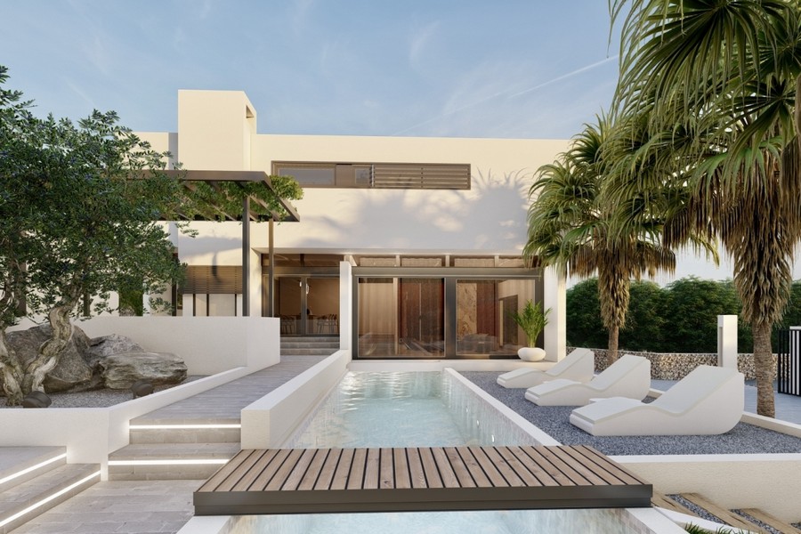 Villa with pool and large glass fronts to the garden