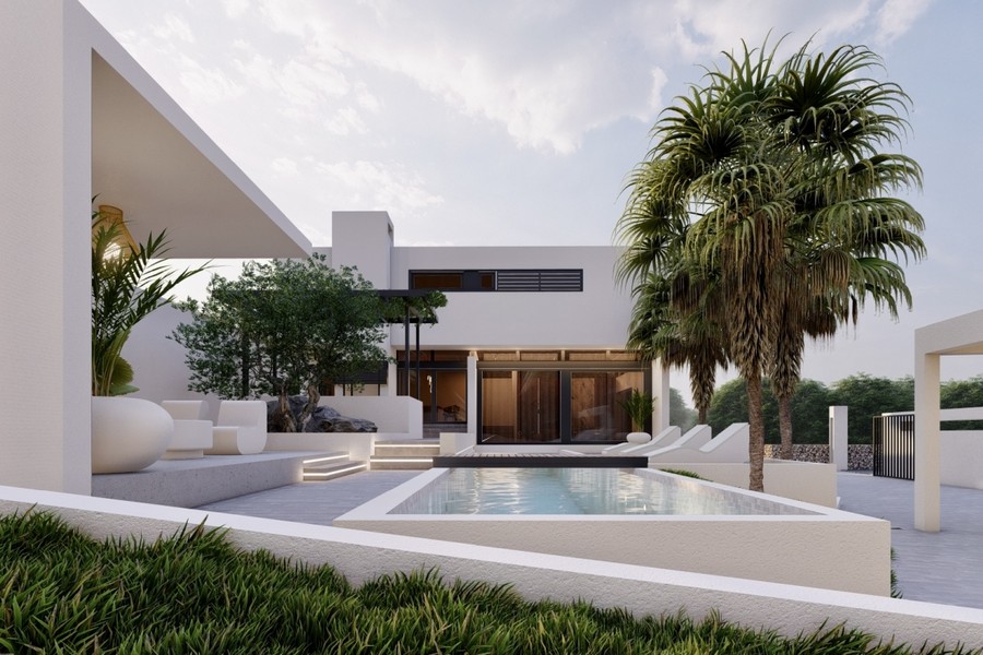 White luxury villa with palm trees in Rogoznica