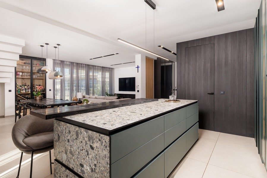 Modern kitchen-living room with cooking island