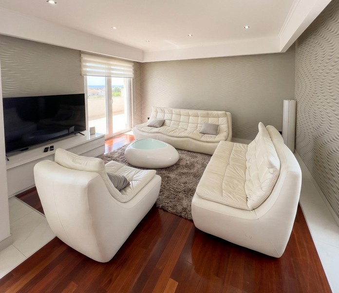 Living area with parquet floors and television