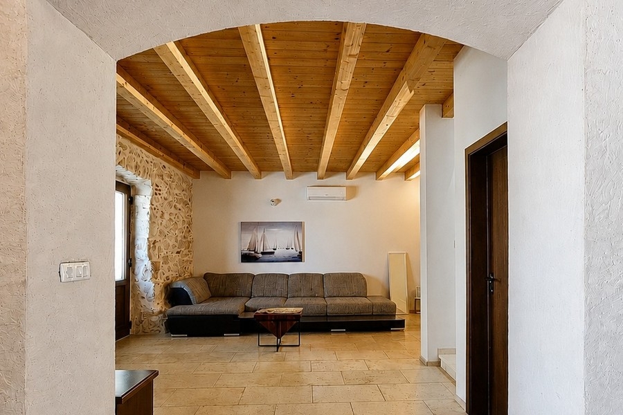 Living room with beamed ceiling
