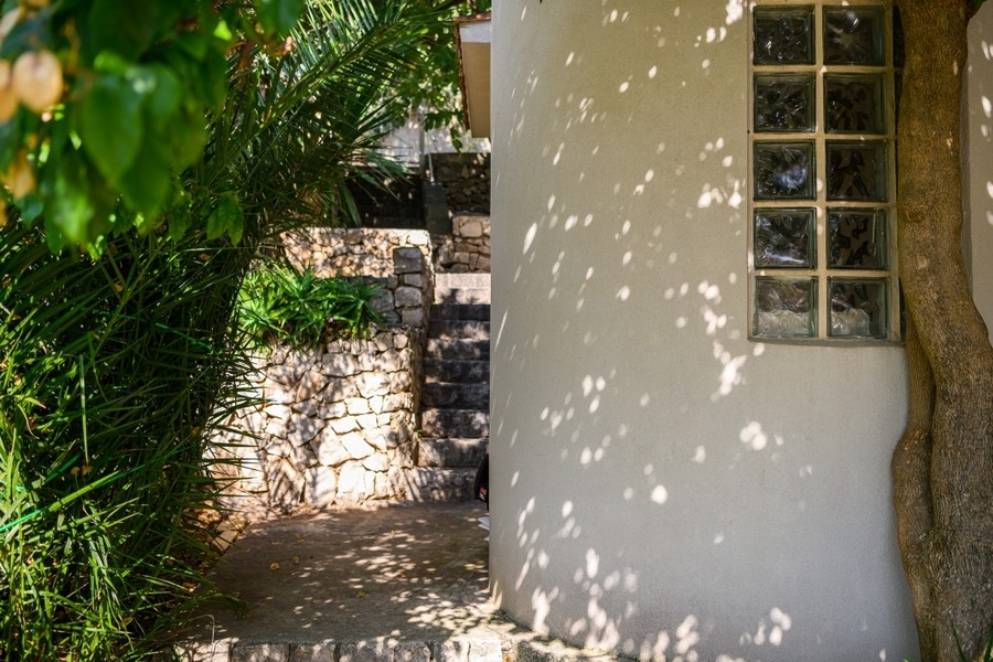 Exterior view of the semi-detached house with Mediterranean plants